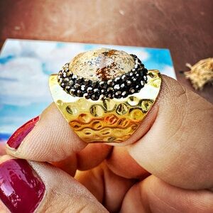 Jasper Ring with pave crystals on hammered gold base.